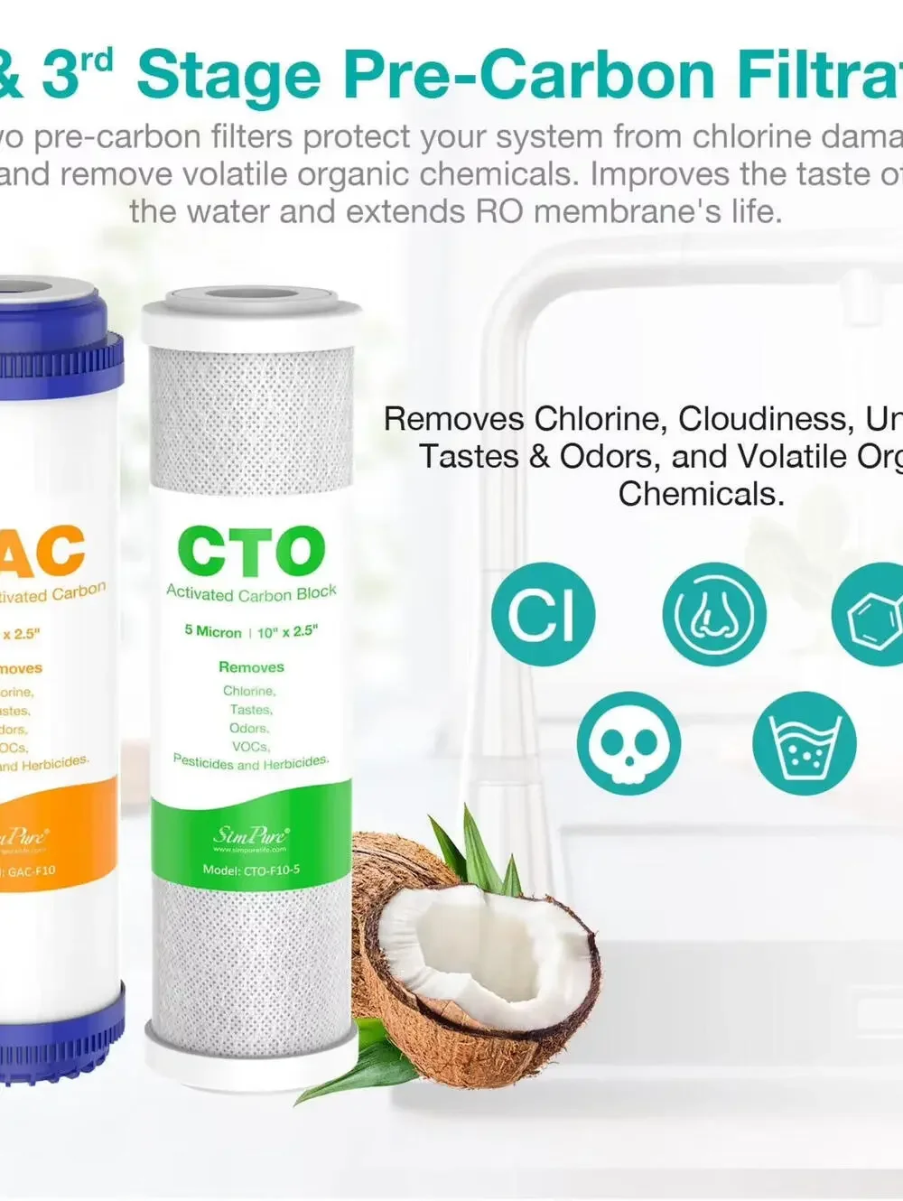 New SimPure 6-Stage Water Filter Kit PP GAC CTO RO T33 ALK + Fittings
